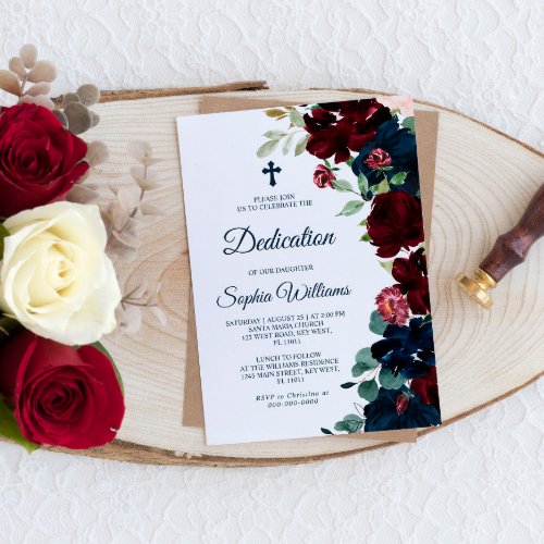 Elegant Burgundy  Navy Blue Flowers Dedication Invitation