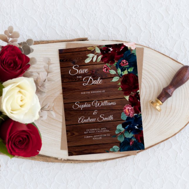 Elegant Burgundy & Navy Blue Flowers Wood Save The Date (Creator Uploaded)