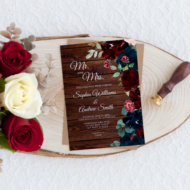 Elegant Burgundy And Navy Blue Flowers Wood Wedding Invitation Zazzle