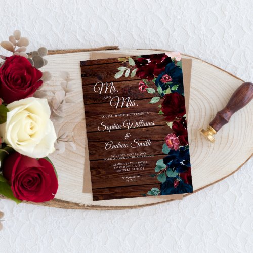 Elegant Burgundy  Navy Blue Flowers Wood Wedding Invitation