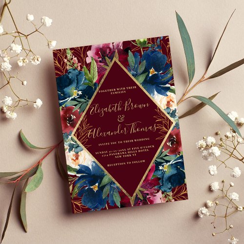 Elegant burgundy navy blue gold floral wedding invitation