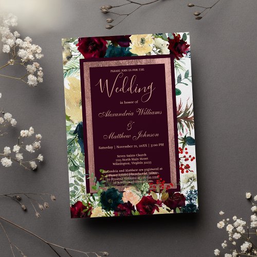 Elegant burgundy navy blue ivory floral Wedding Invitation