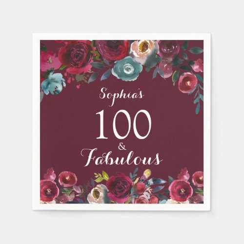 Elegant Burgundy Navy Floral 100th Birthday Party Napkins