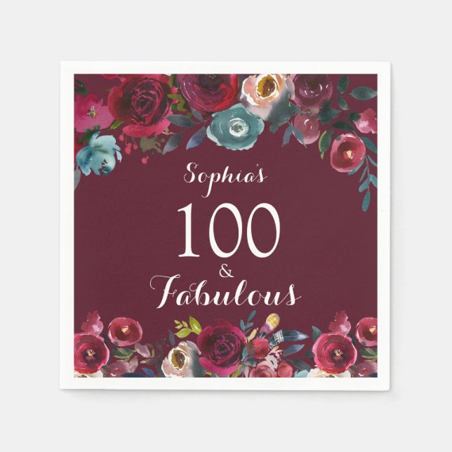 Elegant Burgundy Navy Floral 100th Birthday Party Napkins (Front)