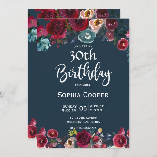 Elegant Burgundy Navy Floral 30th Birthday Party Invitation