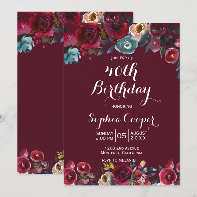 Elegant Burgundy Navy Floral 40th Birthday Party Invitation (Front/Back)