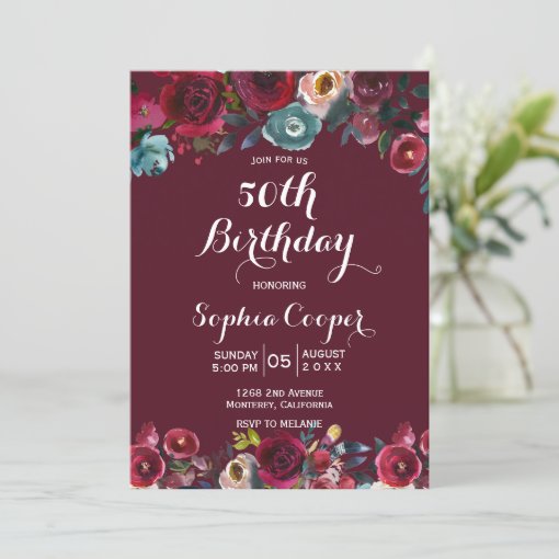 Elegant Burgundy Navy Floral 50th Birthday Party Invitation | Zazzle