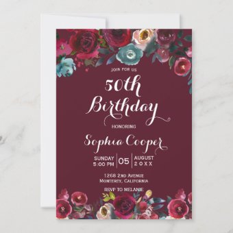 Elegant Burgundy Navy Floral 50th Birthday Party Invitation | Zazzle