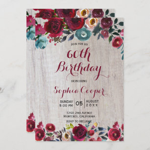 Elegant Burgundy Navy Floral 60th Birthday Party Invitation
