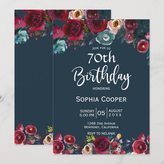 Elegant Burgundy Navy Floral 70th Birthday Party Invitation (Front/Back)