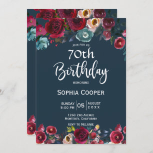 Elegant Burgundy Navy Floral 70th Birthday Party Invitation