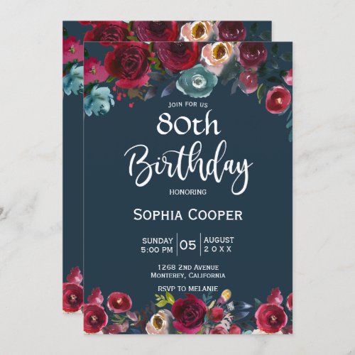 Elegant Burgundy Navy Floral 80th Birthday Party Invitation