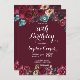 Elegant Burgundy Navy Floral 80th Birthday Party Invitation