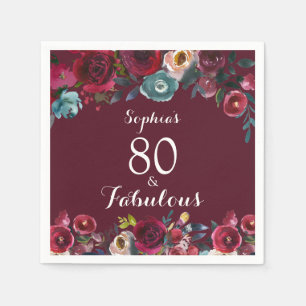Elegant Burgundy Navy Floral 80th Birthday Party Napkins