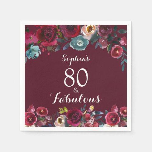 Elegant Burgundy Navy Floral 80th Birthday Party Napkins