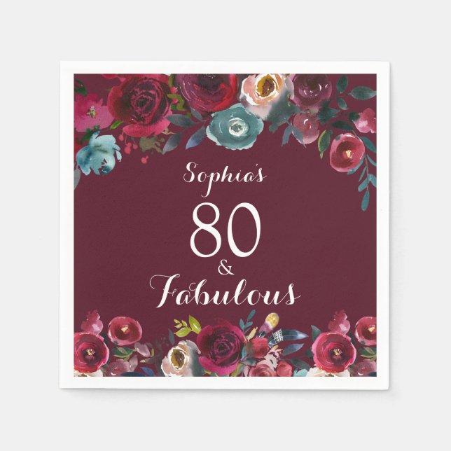 Elegant Burgundy Navy Floral 80th Birthday Party Napkins (Front)