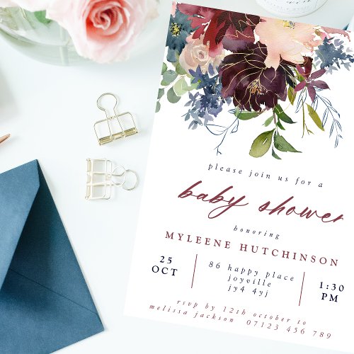 Elegant Burgundy  Navy Floral Baby Shower Invitation