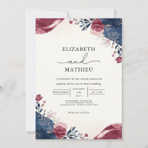 Elegant Burgundy & Navy Floral Botanical Wedding Invitation