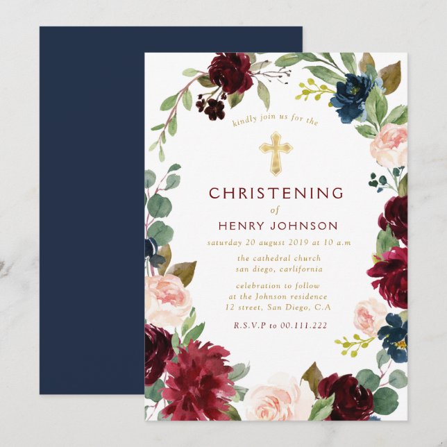 elegant burgundy navy floral christening invitation (Front/Back)