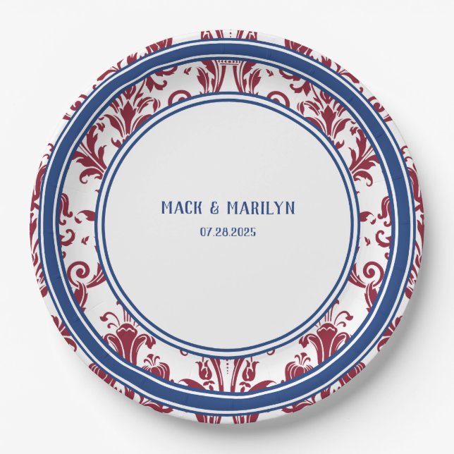 Elegant Burgundy Navy Floral Damask Wedding Dinner Paper Plates (Front)