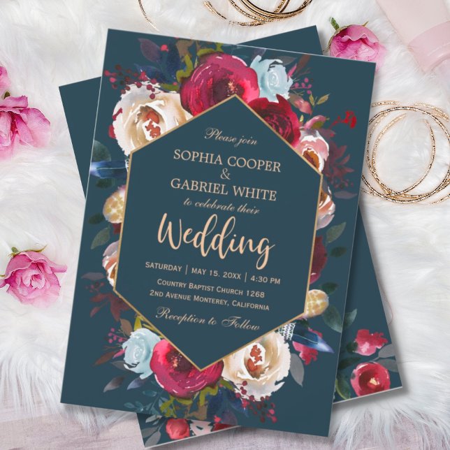Elegant Burgundy Navy Floral Gold Frame Wedding Invitation (Creator Uploaded)