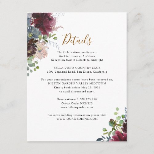Elegant Burgundy Navy Floral Information Details Enclosure Card - Designed to coordinate with our Rustic Burgundy Navy Blooms wedding collection, this customizable Guest Information card, features watercolor eucalyptus leaves & delicate burgundy and navy florals, paired with a trendy script font in gold and classy serif font in black. To make advanced changes, go to "Click to customize further" option under Personalize this template.