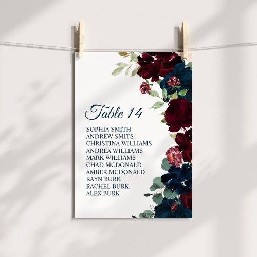 Elegant Burgundy  Navy Floral Seating Chart Cards