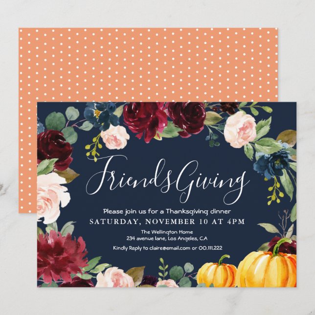 Elegant burgundy navy floral thanksgiving dinner invitation (Front/Back)