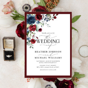 Elegant Burgundy & Navy Floral Watercolor Script Invitation