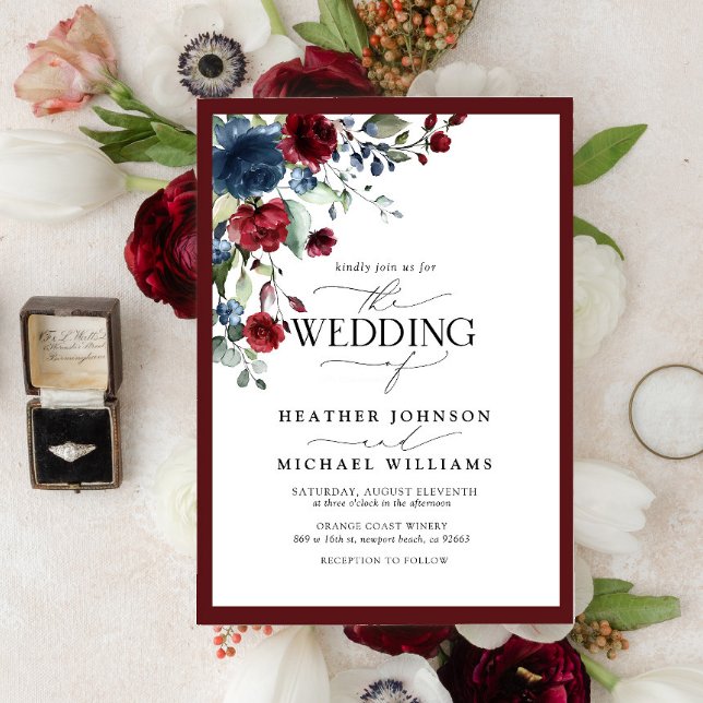 Elegant Burgundy & Navy Floral Watercolor Script Invitation (Creator Uploaded)
