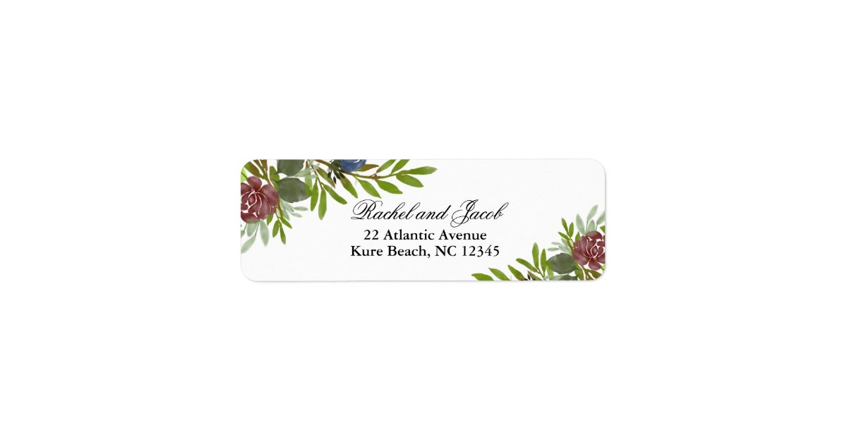 Elegant Burgundy Navy Floral Wedding Address Label | Zazzle