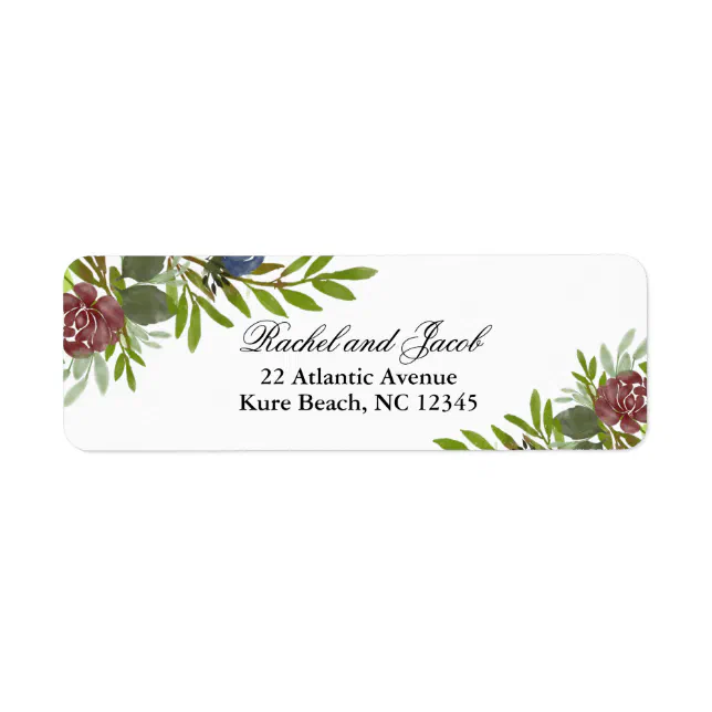 Elegant Burgundy Navy Floral Wedding Address Label | Zazzle