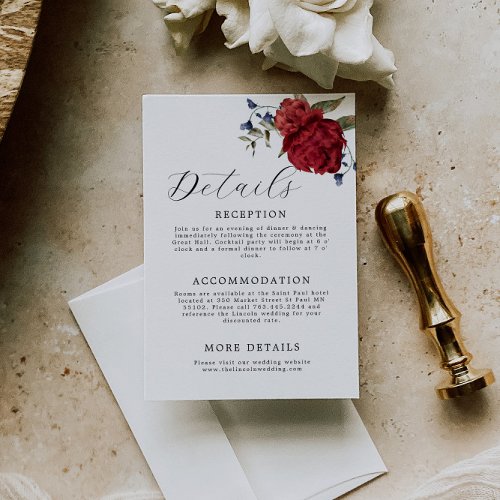 Elegant Burgundy Navy Floral Wedding Enclosure Card
