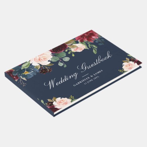 Elegant burgundy  navy floral wedding guestbook