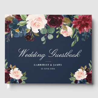 Elegant burgundy & navy floral wedding guestbook