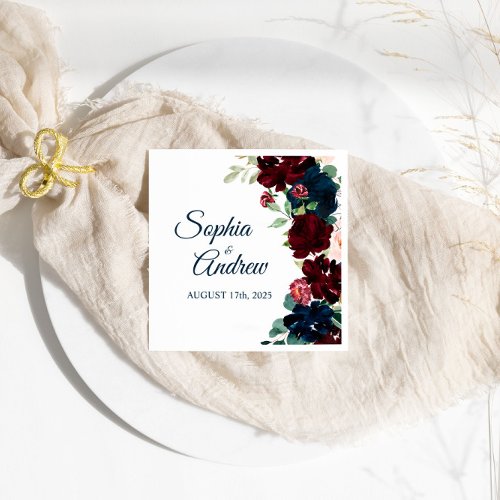 Elegant Burgundy  Navy Floral  Wedding Napkins