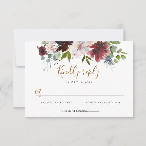 Elegant Burgundy Navy Floral with Greenery Wedding RSVP Card - Designed to coordinate with our Rustic Burgundy Navy Blooms wedding collection, this customizable RSVP card, features watercolor eucalyptus leaves & delicate burgundy and navy florals, paired with a trendy script font in gold and classy serif font in black. To make advanced changes, go to "Click to customize further" option under Personalize this template.