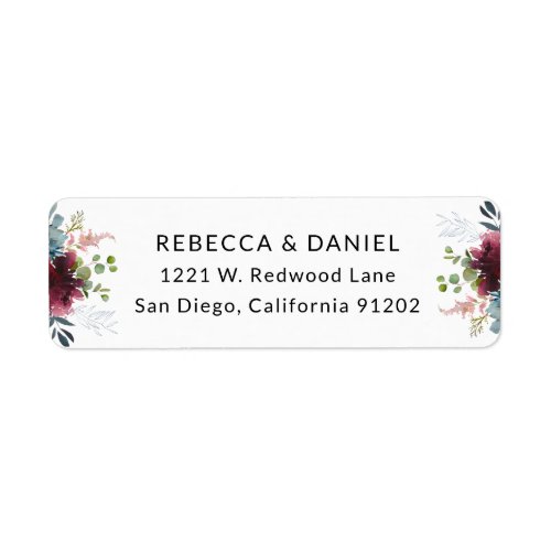 Elegant Burgundy Navy Florals Return Address Label - Designed to coordinate with our Rustic Burgundy Navy Blooms wedding collection, this customizable Return Address label, features watercolor eucalyptus leaves & delicate burgundy and navy florals. To make advanced changes, go to "Click to customize further" option under Personalize this template.