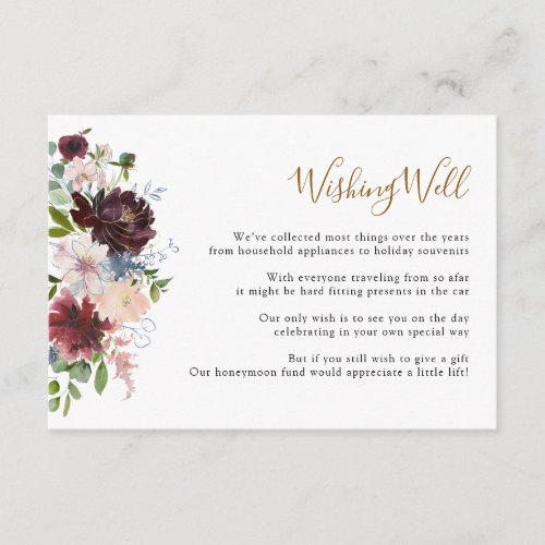 Elegant Burgundy Navy Florals Wishing Well Enclosure Card - Designed to coordinate with our Rustic Burgundy Navy Blooms wedding collection, this customizable Enclosure card, features watercolor eucalyptus leaves & delicate burgundy and navy florals, paired with a trendy script font in gold and classy serif font in black. To make advanced changes, go to "Click to customize further" option under Personalize this template.