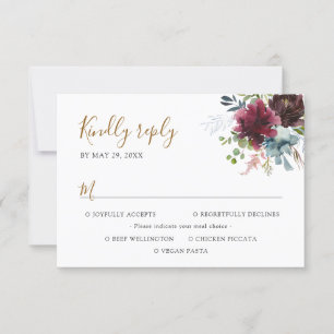 Elegant Burgundy Navy Florals with Meal Options RSVP Card