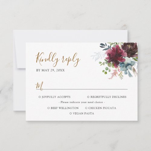 Elegant Burgundy Navy Florals with Meal Options RSVP Card - Designed to coordinate with our Rustic Burgundy Navy Blooms wedding collection, this customizable RSVP card, features watercolor eucalyptus leaves & delicate burgundy and navy florals, paired with a trendy script font in gold and classy serif font in black. To make advanced changes, go to "Click to customize further" option under Personalize this template.