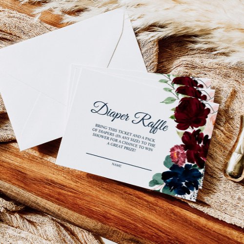 Elegant Burgundy  Navy Flowers Diaper Raffle Card