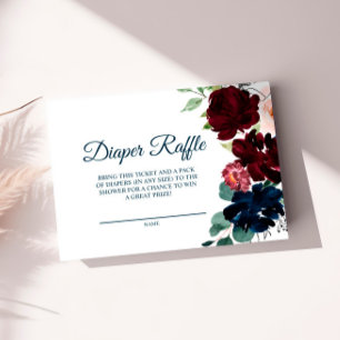 Elegant Burgundy & Navy Flowers Diaper Raffle Card