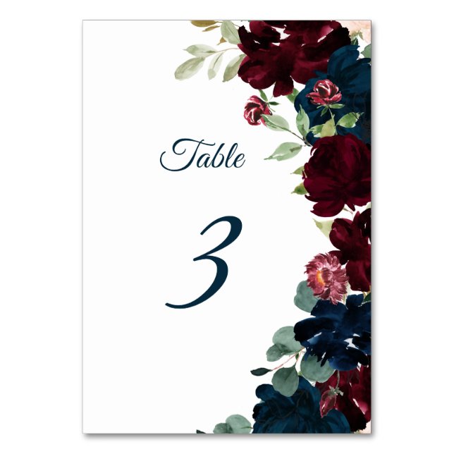 Elegant Burgundy & Navy Flowers Table 3 Wedding Number (Front)