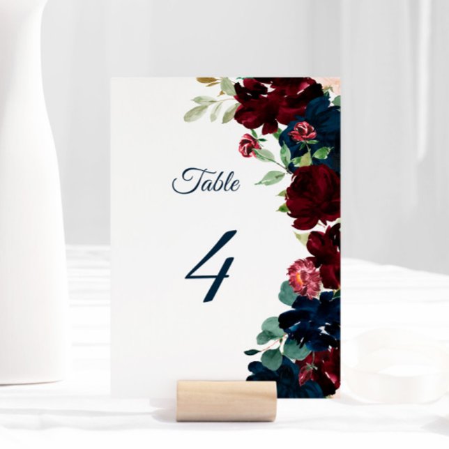 Elegant Burgundy & Navy Flowers Table 4 Wedding Table Number (Creator Uploaded)