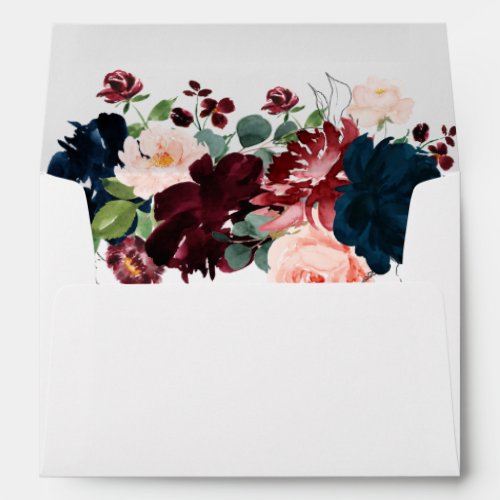 Elegant Burgundy Navy Lined Floral Garden Wedding Envelope