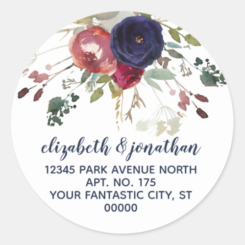 Elegant Burgundy Navy Rose Gold Return Address Classic Round Sticker