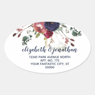 Elegant Burgundy Navy Rose Gold Return Address Oval Sticker