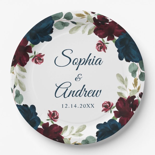 Elegant Burgundy & Navy Rustic Wood Wedding Paper Plates (Front)
