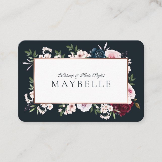 Elegant Burgundy & Navy Watercolor Floral Frame Business Card (Front)